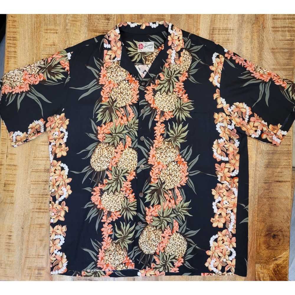 Vtg Hilo Hattie Mens Hawaiian Shirt XL Black Orange Island‎ Beach Tropical